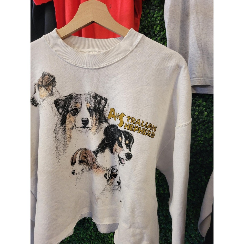 vtg 90s AUSTRAILIAN SHEPHERD CREWNECK xl White cotton dog cute animals outdoors